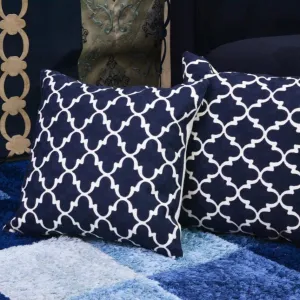 2 PCs Embroidered Cushions-(3048)Blue Geometric