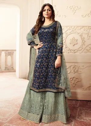 Attractive Blue Embroidered Designer Jacquard Sharara Suit