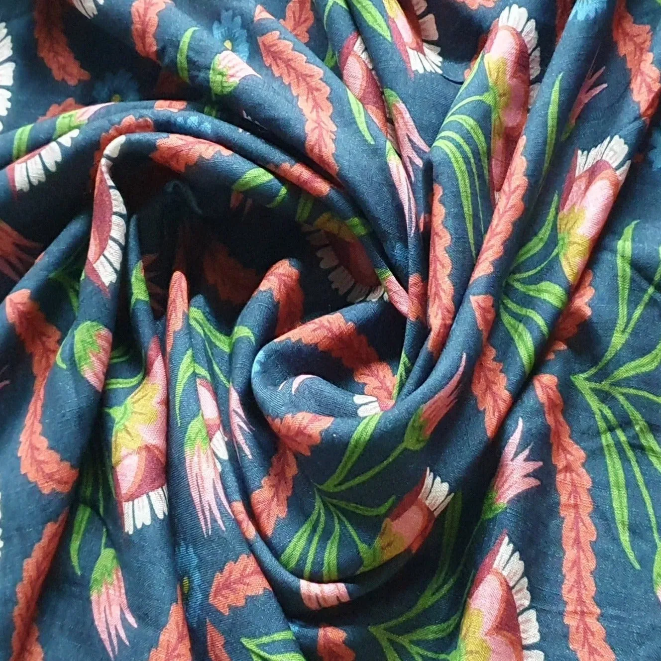 Blue Floral Print Rayon Fabric