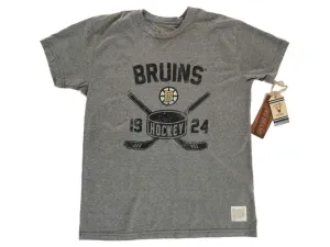 Boston Bruins Retro Brand Gray Hockey Sticks & Puck Tri-Blend T-Shirt