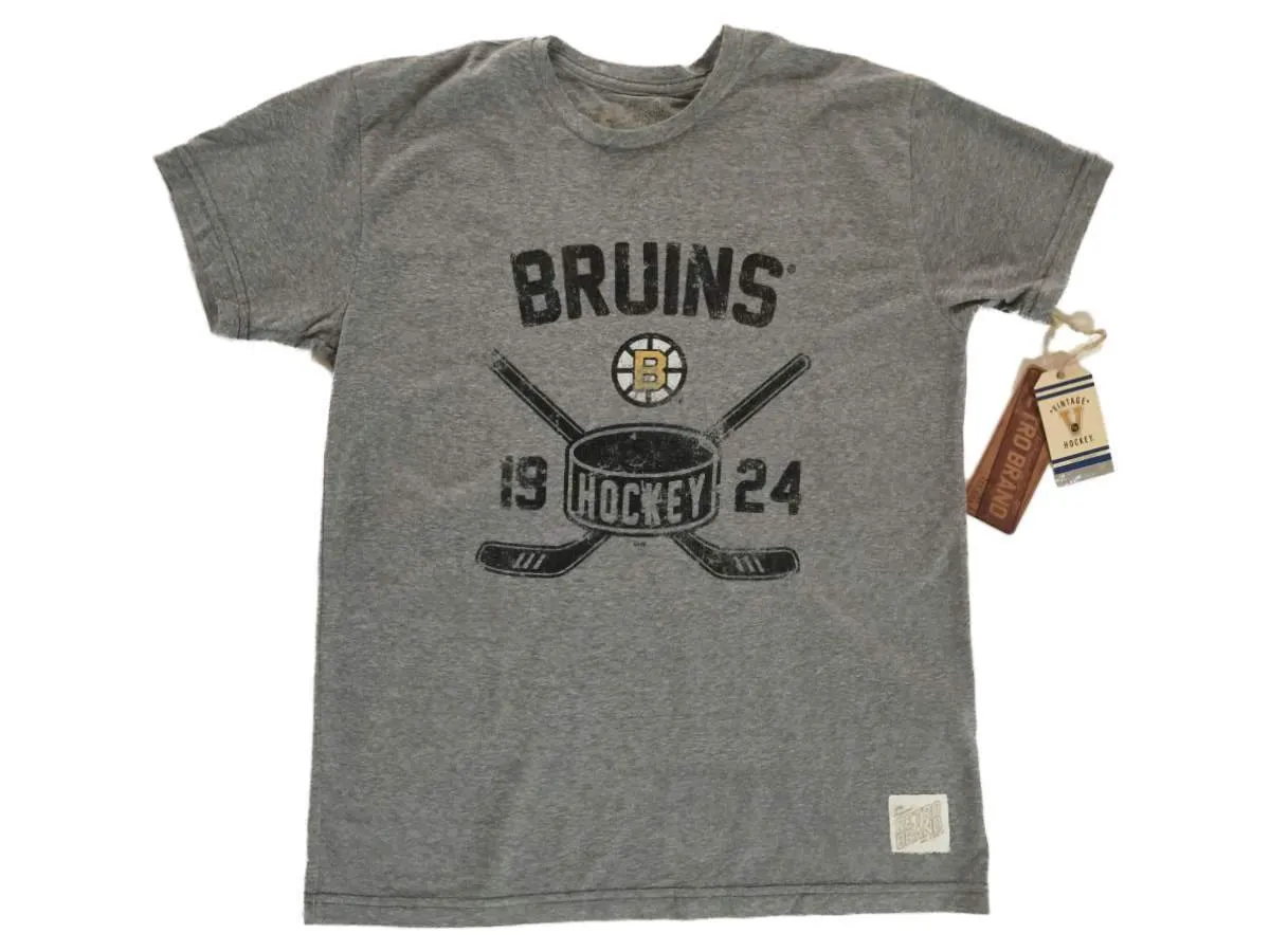 Boston Bruins Retro Brand Gray Hockey Sticks & Puck Tri-Blend T-Shirt