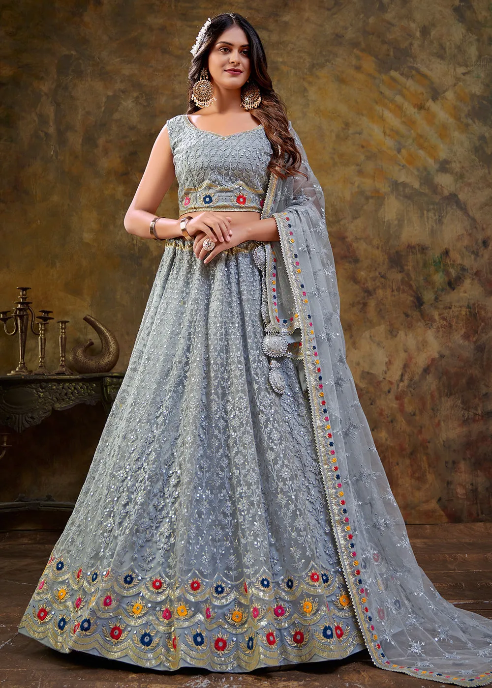 Carolina Blue Premium Net Sequins Wedding Lehenga Choli