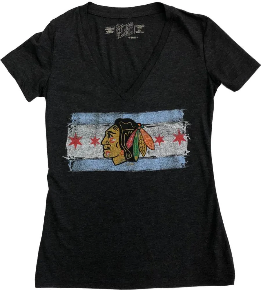 Chicago Blackhawks Retro Brand WOMENS Charcoal Stars Stripes V-Neck T-Shirt