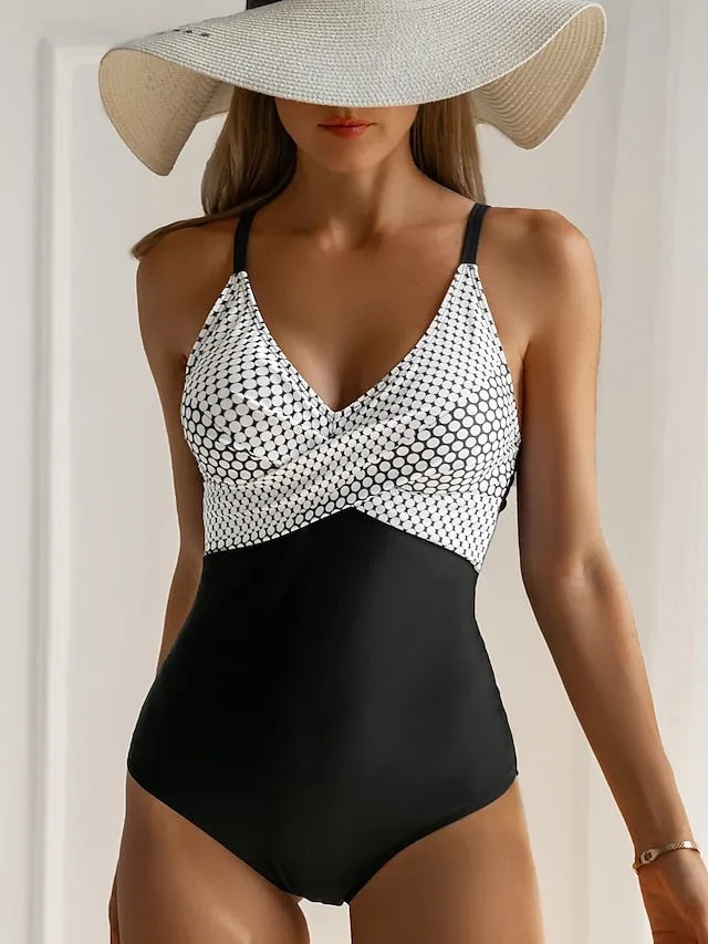 Fashion Polka Dots Swimsuits Women Modest One Piece Swimsuits Padded Push Up Ladies Stripes Backless Swimwear Vintage Bathing Suits Retro Camisole Beach Wear S-XXL