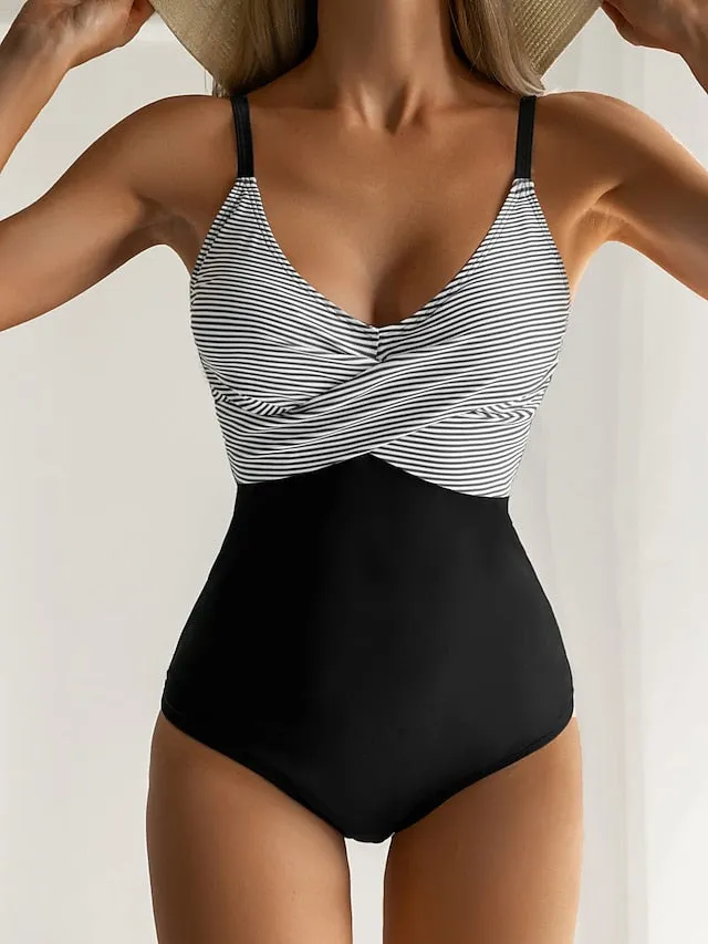 Fashion Polka Dots Swimsuits Women Modest One Piece Swimsuits Padded Push Up Ladies Stripes Backless Swimwear Vintage Bathing Suits Retro Camisole Beach Wear S-XXL