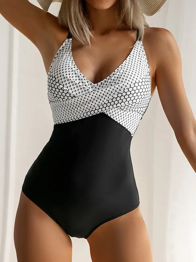 Fashion Polka Dots Swimsuits Women Modest One Piece Swimsuits Padded Push Up Ladies Stripes Backless Swimwear Vintage Bathing Suits Retro Camisole Beach Wear S-XXL