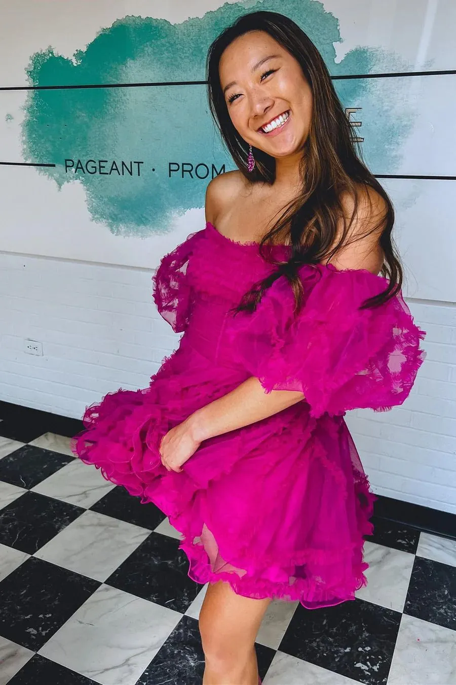 Fuchsia Pink Off Shoulders Ruffles Homecoming Dress