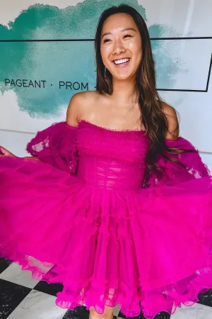 Fuchsia Pink Off Shoulders Ruffles Homecoming Dress