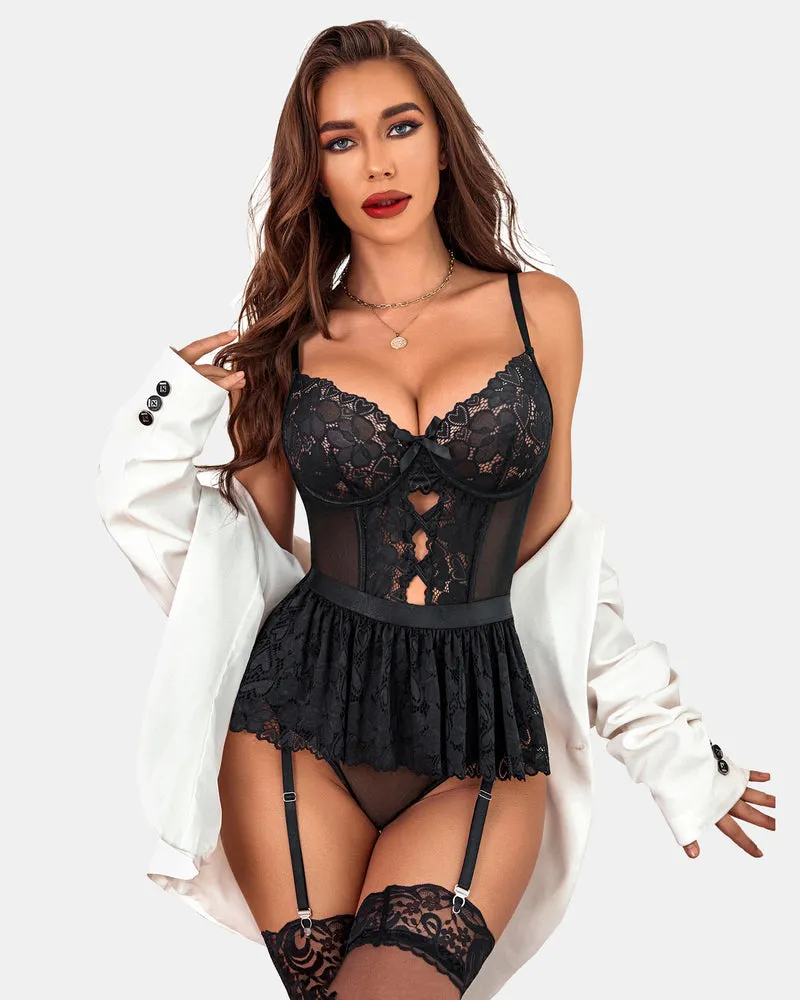 Garter Lingerie Set Lace Strappy Teddy