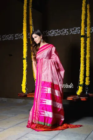 Handloom Cotton Silk Ilkal Saree with Pure Resham Pallu - Baby Pink with Rose Pink Border