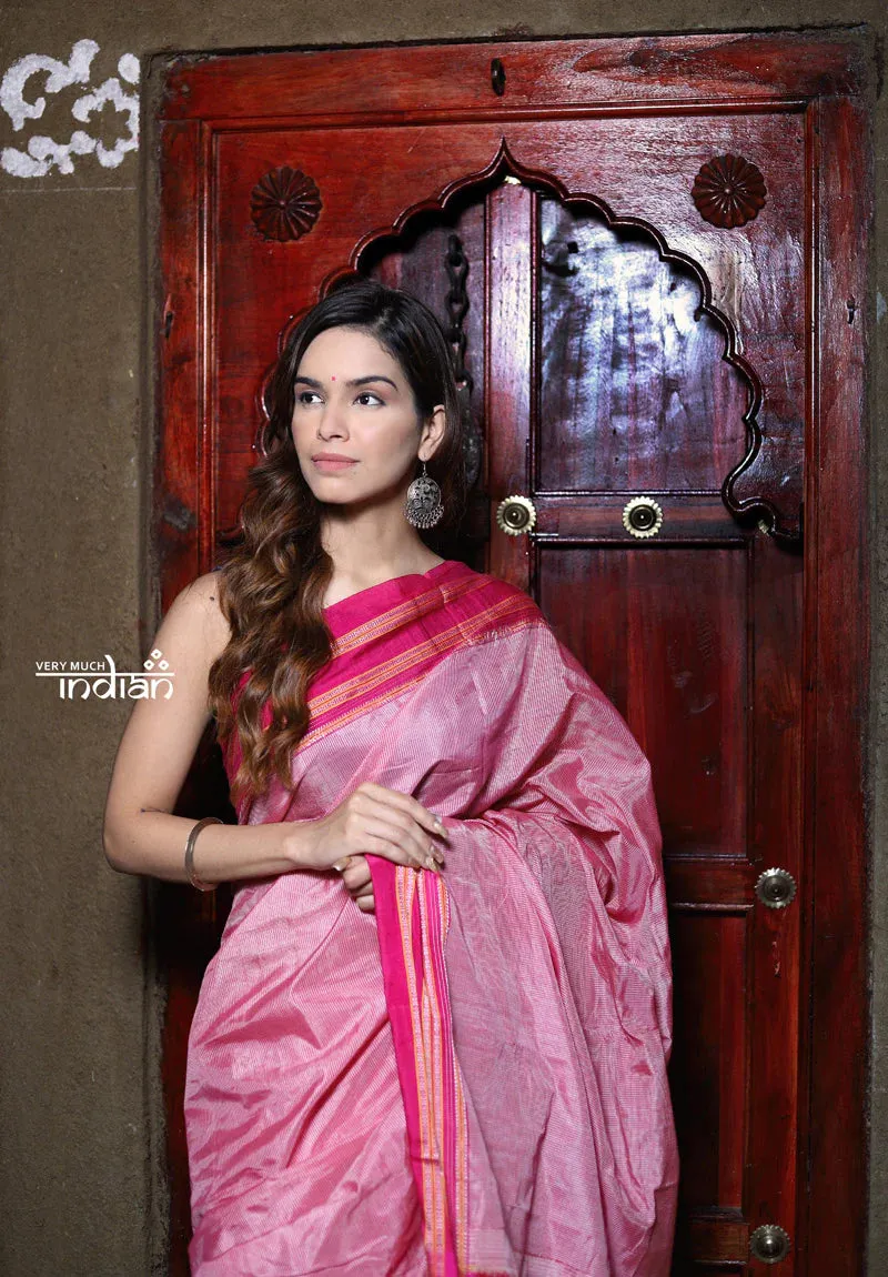 Handloom Cotton Silk Ilkal Saree with Pure Resham Pallu - Baby Pink with Rose Pink Border