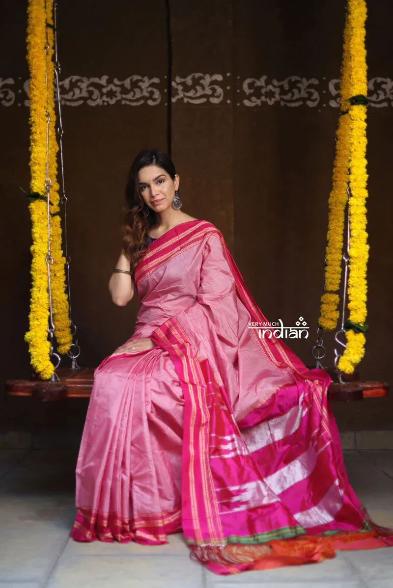 Handloom Cotton Silk Ilkal Saree with Pure Resham Pallu - Baby Pink with Rose Pink Border