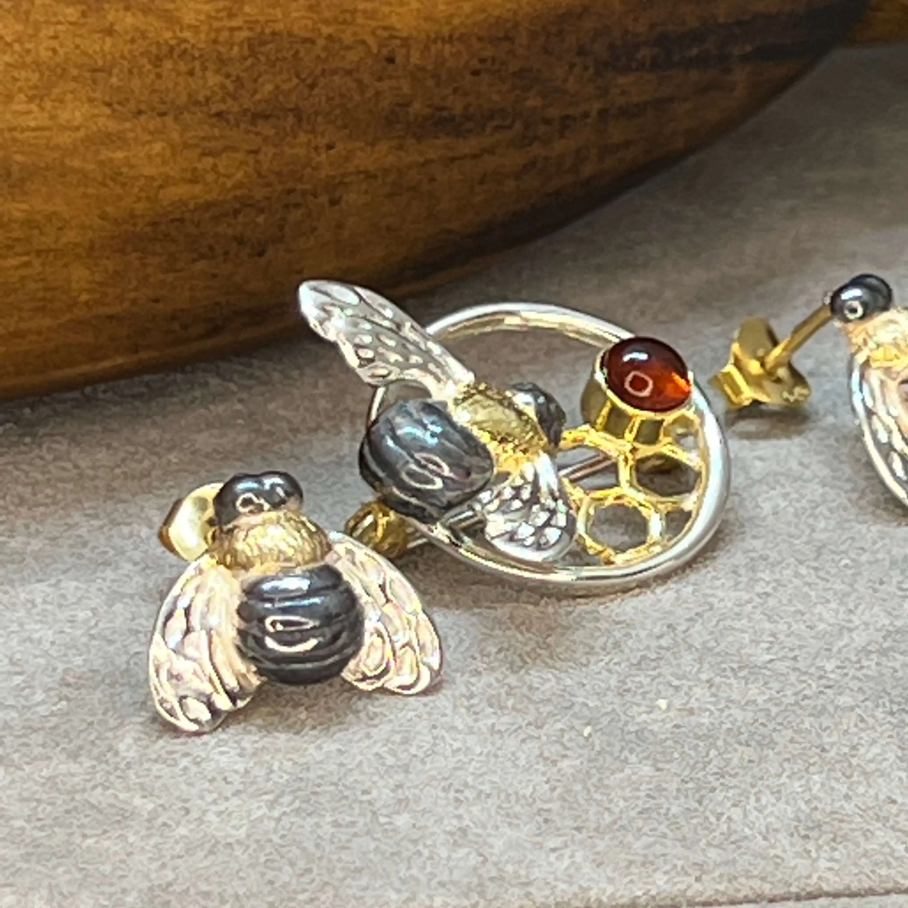 Honeycomb & Honeybee Sterling Silver Amber Brooch By Paula Bolton