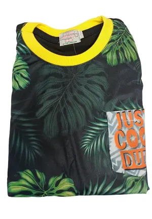 Landmark Muscle Set Cool Dude with Leaves Patch Pocket Print and Plain Shorts Black/Yellow