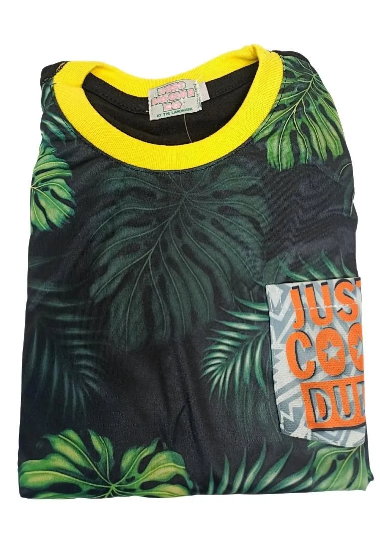 Landmark Muscle Set Cool Dude with Leaves Patch Pocket Print and Plain Shorts Black/Yellow