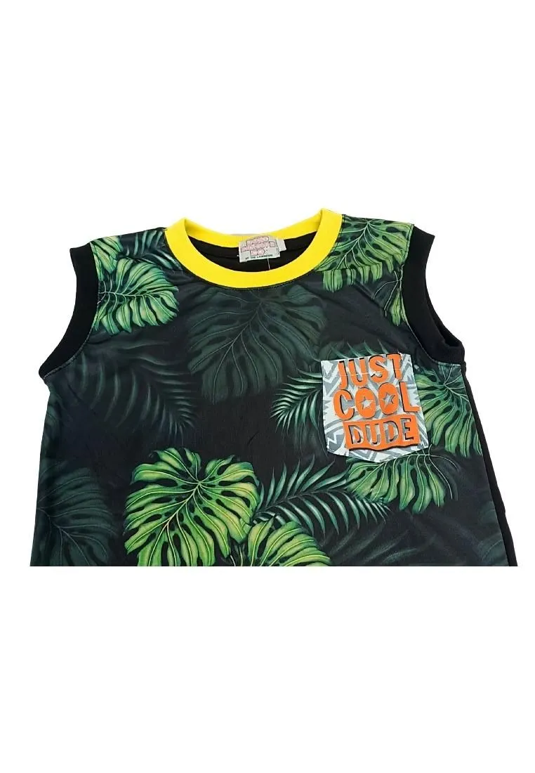 Landmark Muscle Set Cool Dude with Leaves Patch Pocket Print and Plain Shorts Black/Yellow