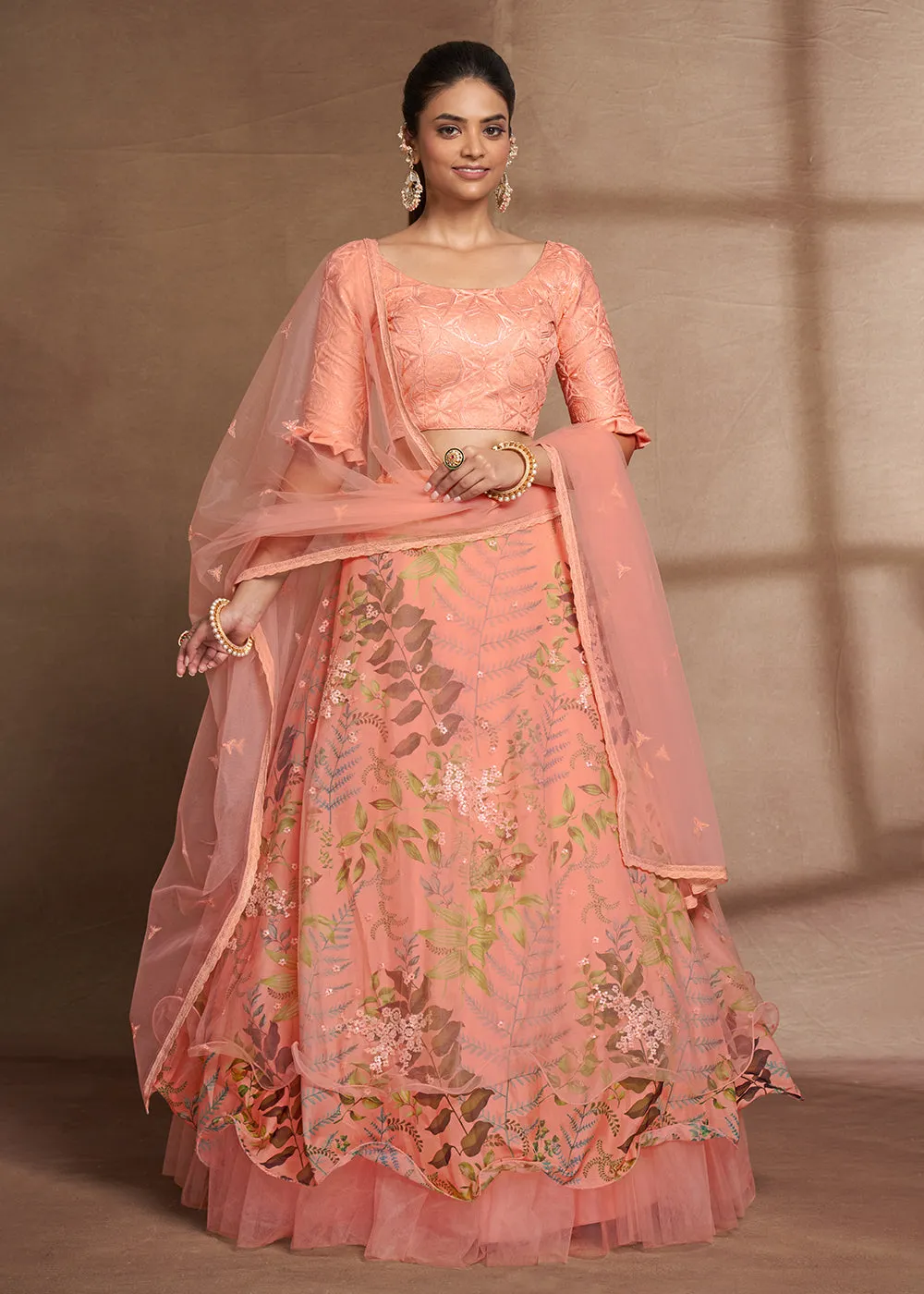 Lovely Peach Floral Digital Printed & Embroidered Lehenga Choli