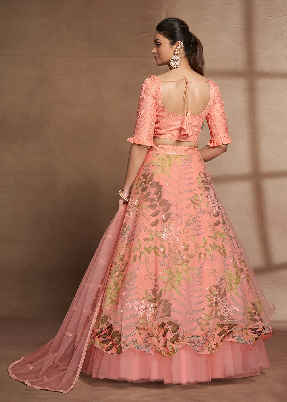 Lovely Peach Floral Digital Printed & Embroidered Lehenga Choli