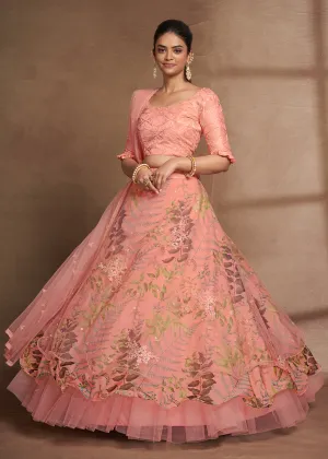 Lovely Peach Floral Digital Printed & Embroidered Lehenga Choli