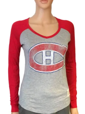 Montreal Canadiens Retro Brand Women Red Two Tone V-Neck LS T-Shirt