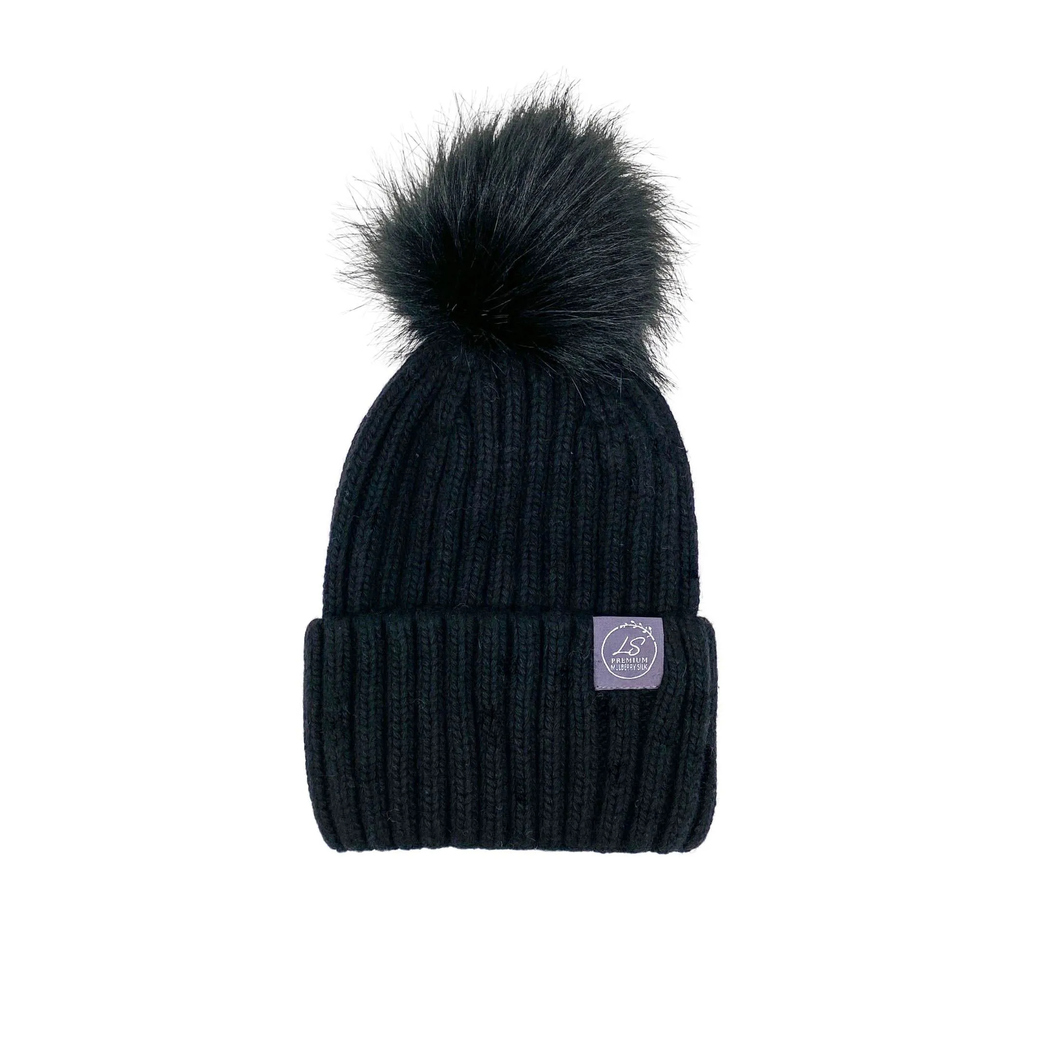 Mulberry Silk-Lined Classic Ribbed Pattern Cashmere Beanie Hat With Removable Pom Pom - Grey