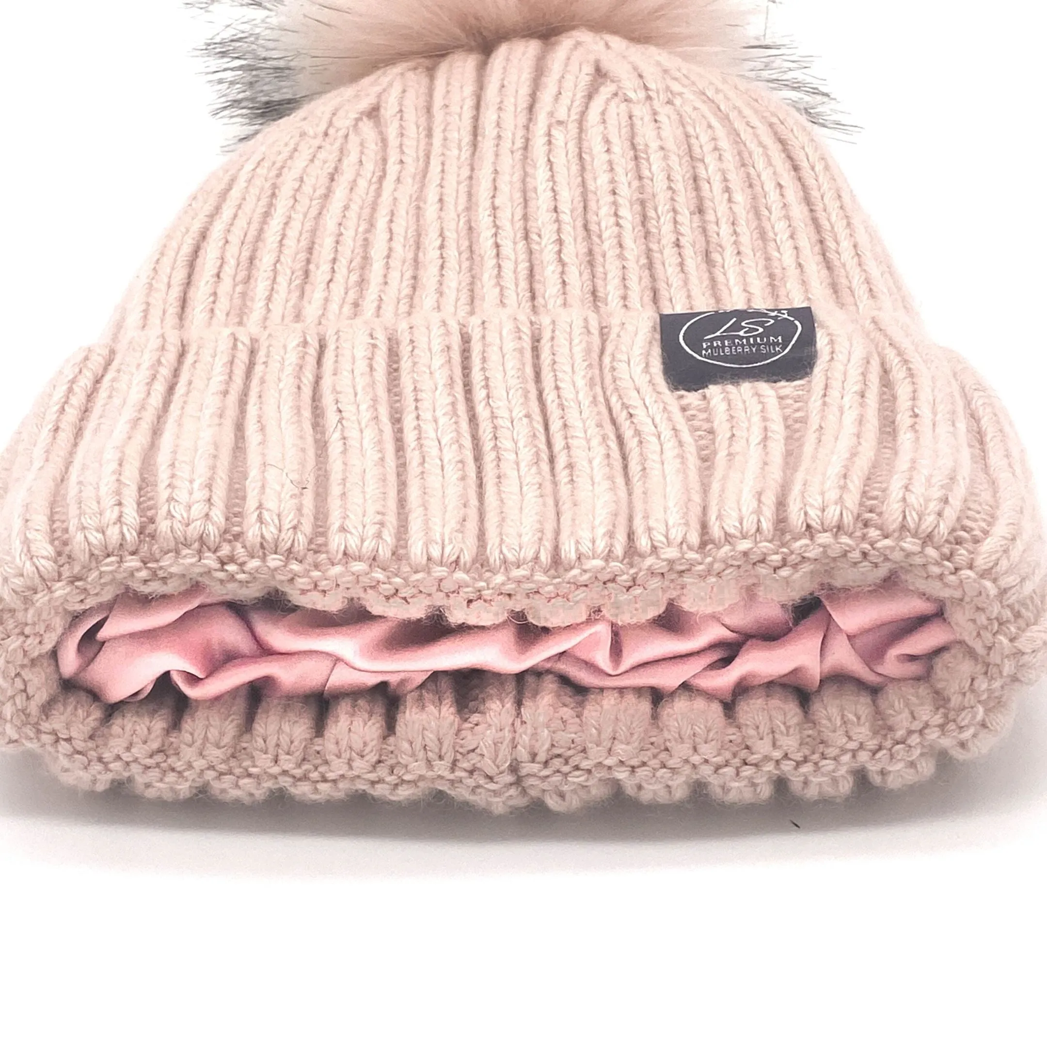 Mulberry Silk-Lined Classic Ribbed Pattern Cashmere Beanie Hat With Removable Pom Pom - Grey