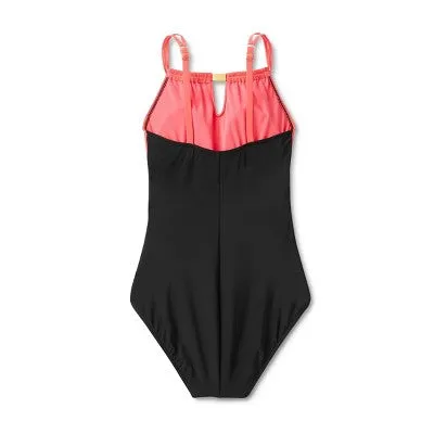 New - Aqua Green Women's High Neck One Piece Swimsuit Keyhole Swimwear, Coral Pink M