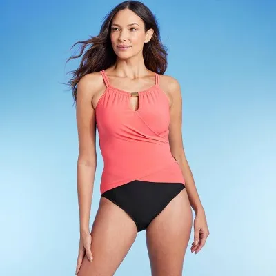 New - Aqua Green Women's High Neck One Piece Swimsuit Keyhole Swimwear, Coral Pink M