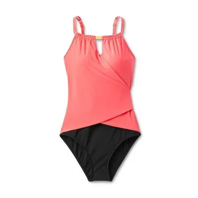 New - Aqua Green Women's High Neck One Piece Swimsuit Keyhole Swimwear, Coral Pink M