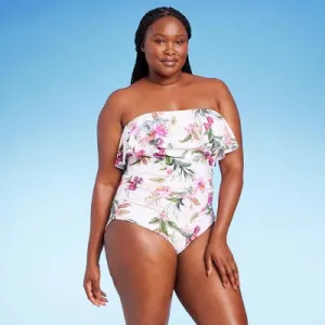 New - Kona Sol Women's Bandeau Ruched One Piece Swimsuit Full Coverage Swimwear