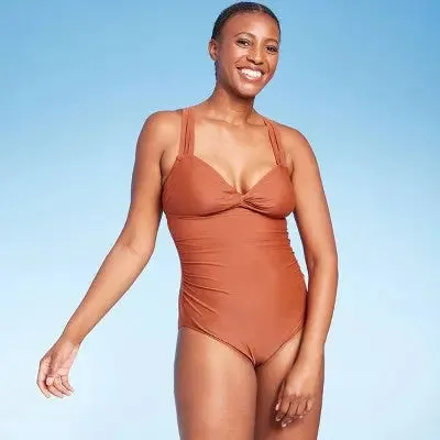 New - Kona Sol Women's Shirred One Piece Swimsuit Full Coverage Bathing Suit