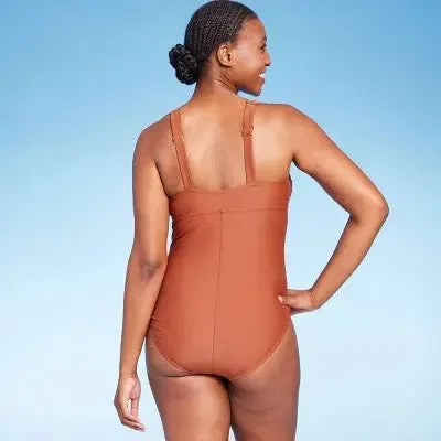 New - Kona Sol Women's Shirred One Piece Swimsuit Full Coverage Bathing Suit