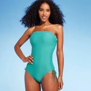 New - Shade & Shore Women's Bandeau One Piece Swimsuit Shirring Swimwear