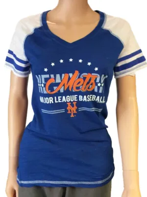 New York Mets SAAG Women Blue Light Baseball Tri-Blend V-Neck T-Shirt