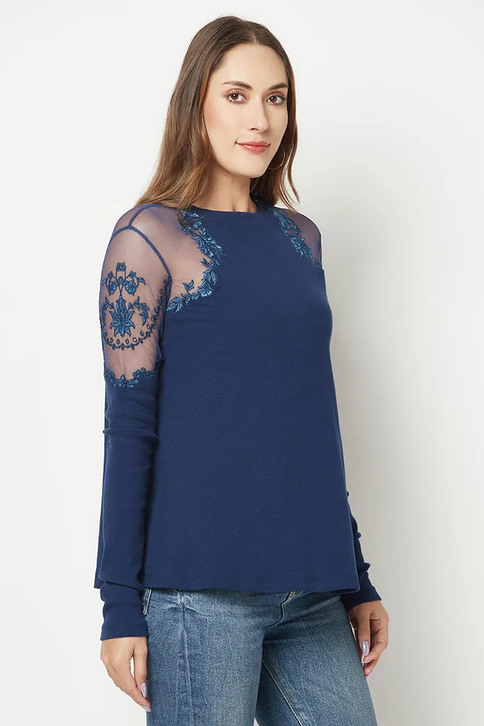 Power Mesh Ivory Embroidered Top