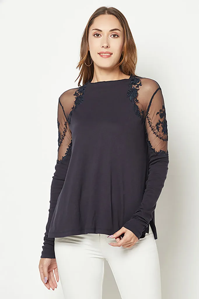 Power Mesh Ivory Embroidered Top