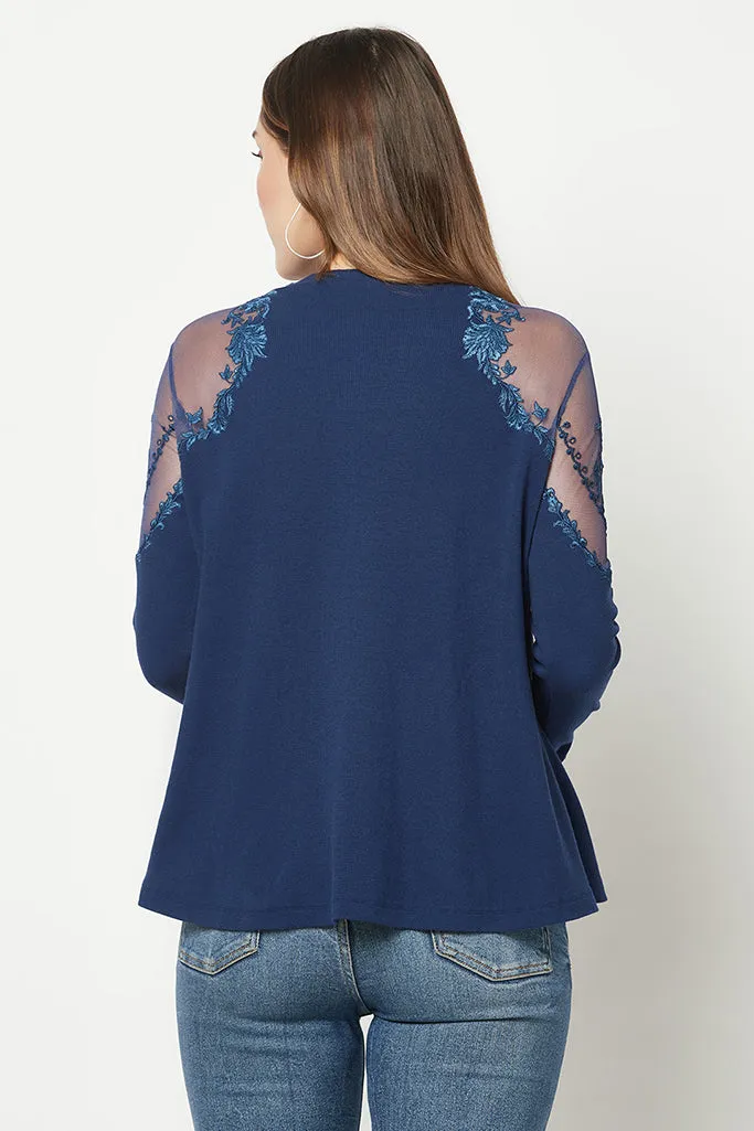 Power Mesh Ivory Embroidered Top