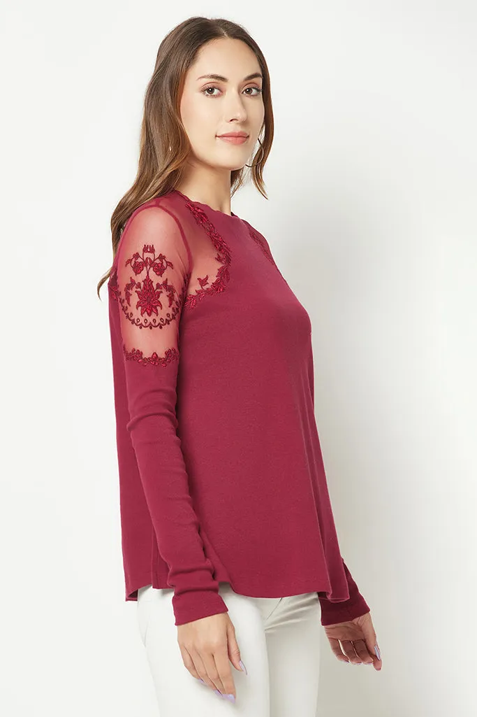 Power Mesh Ivory Embroidered Top