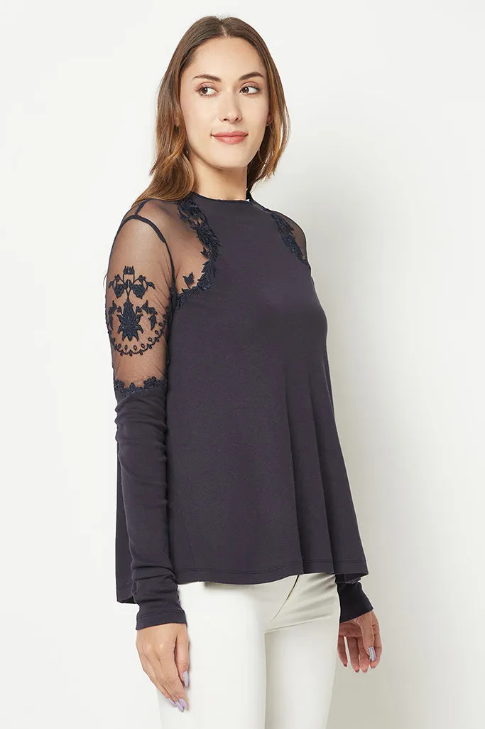 Power Mesh Ivory Embroidered Top