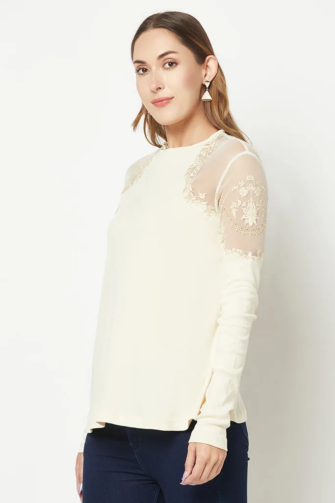 Power Mesh Ivory Embroidered Top