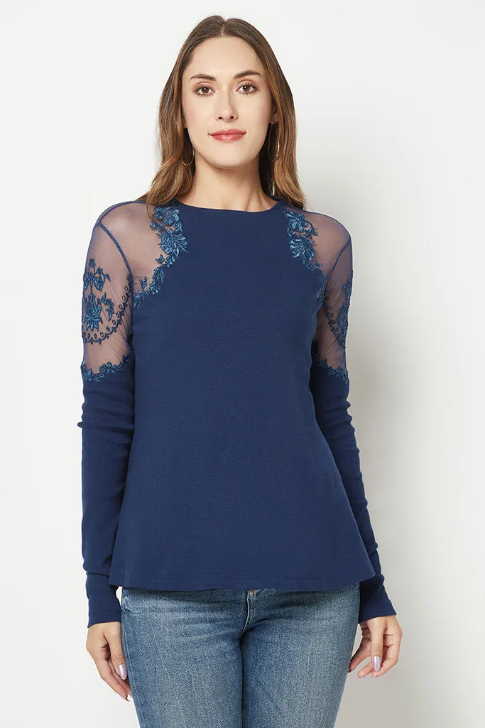 Power Mesh Ivory Embroidered Top