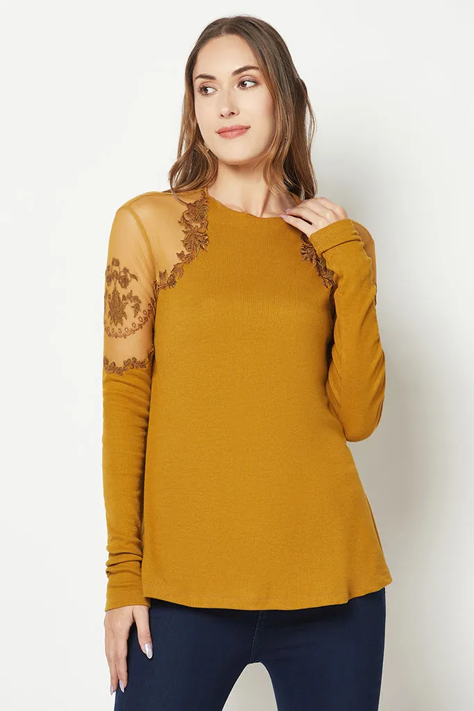 Power Mesh Ivory Embroidered Top