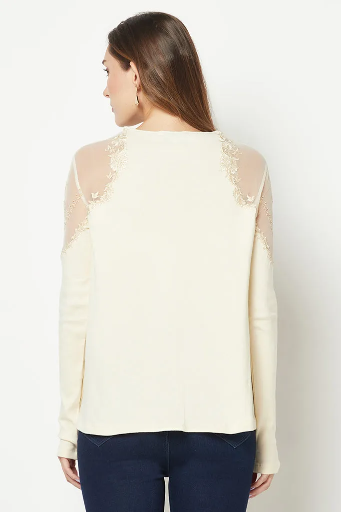 Power Mesh Ivory Embroidered Top