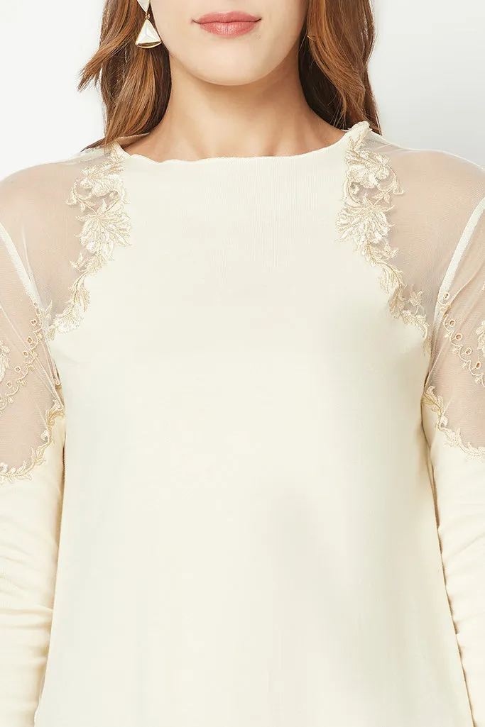 Power Mesh Ivory Embroidered Top