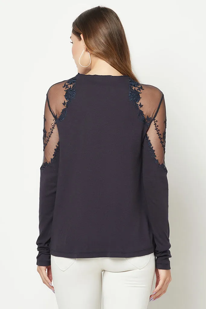 Power Mesh Ivory Embroidered Top