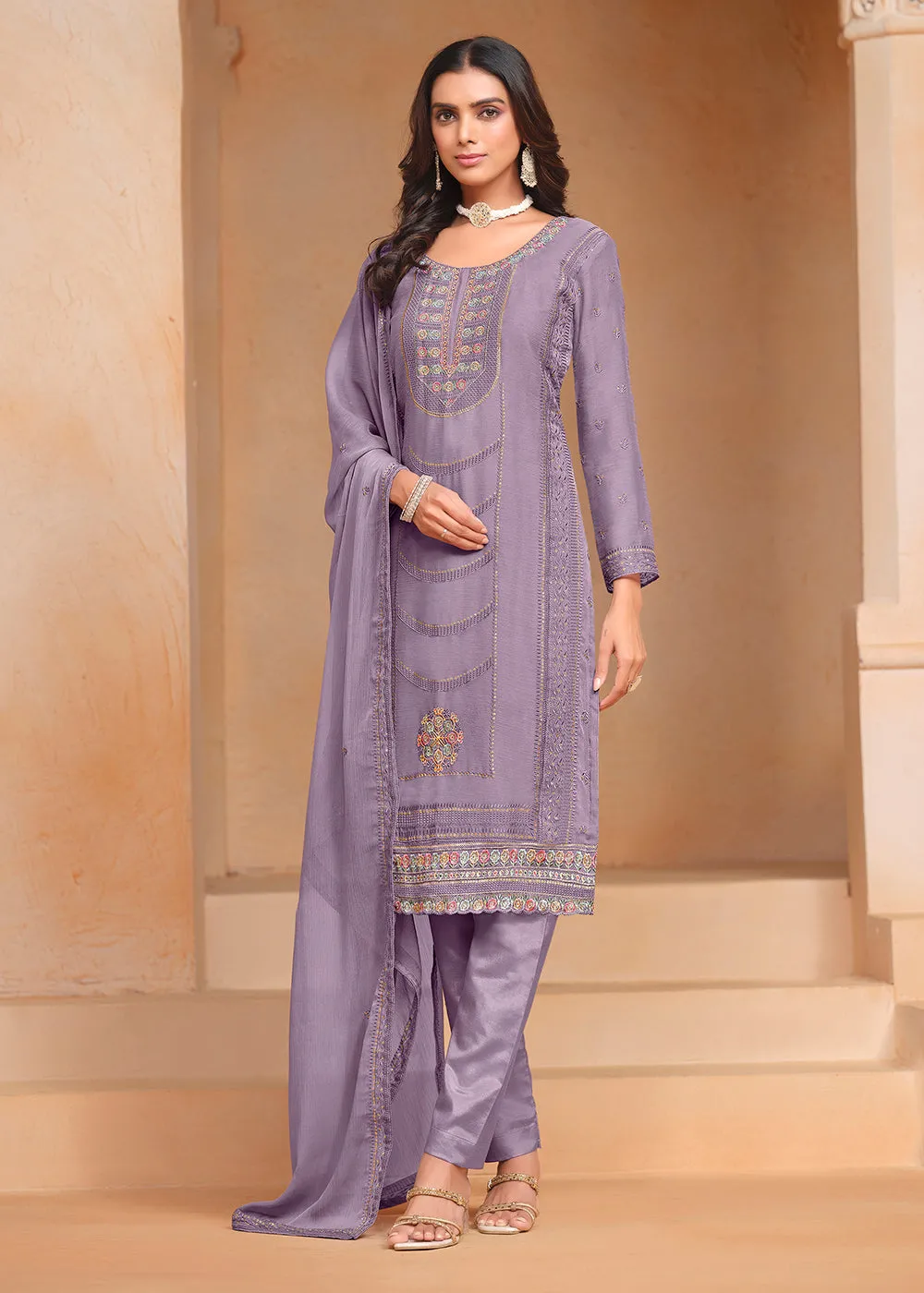 Purple Organza Chiffon Embroidered Festive Salwar Suit