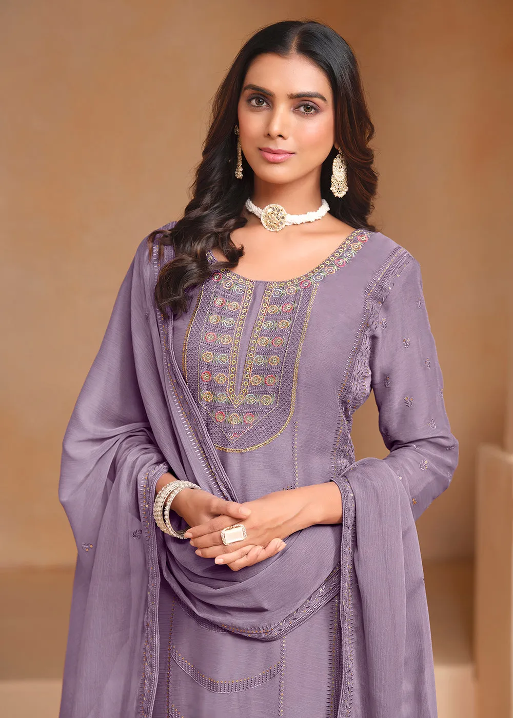 Purple Organza Chiffon Embroidered Festive Salwar Suit