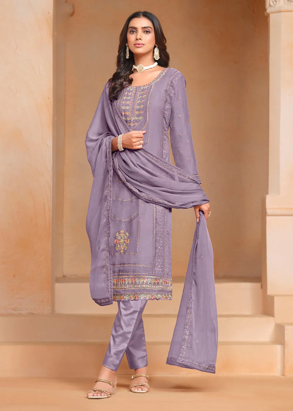 Purple Organza Chiffon Embroidered Festive Salwar Suit