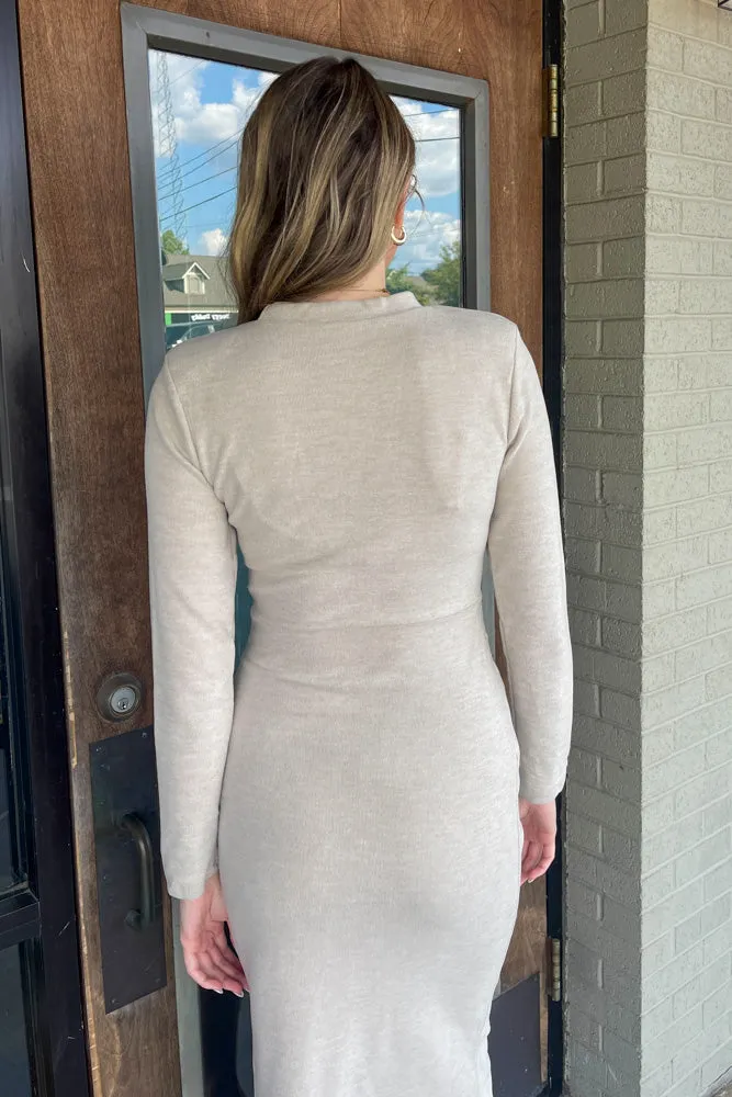 Ribbed Long Sleeve Ruched Midi Dress-Taupe