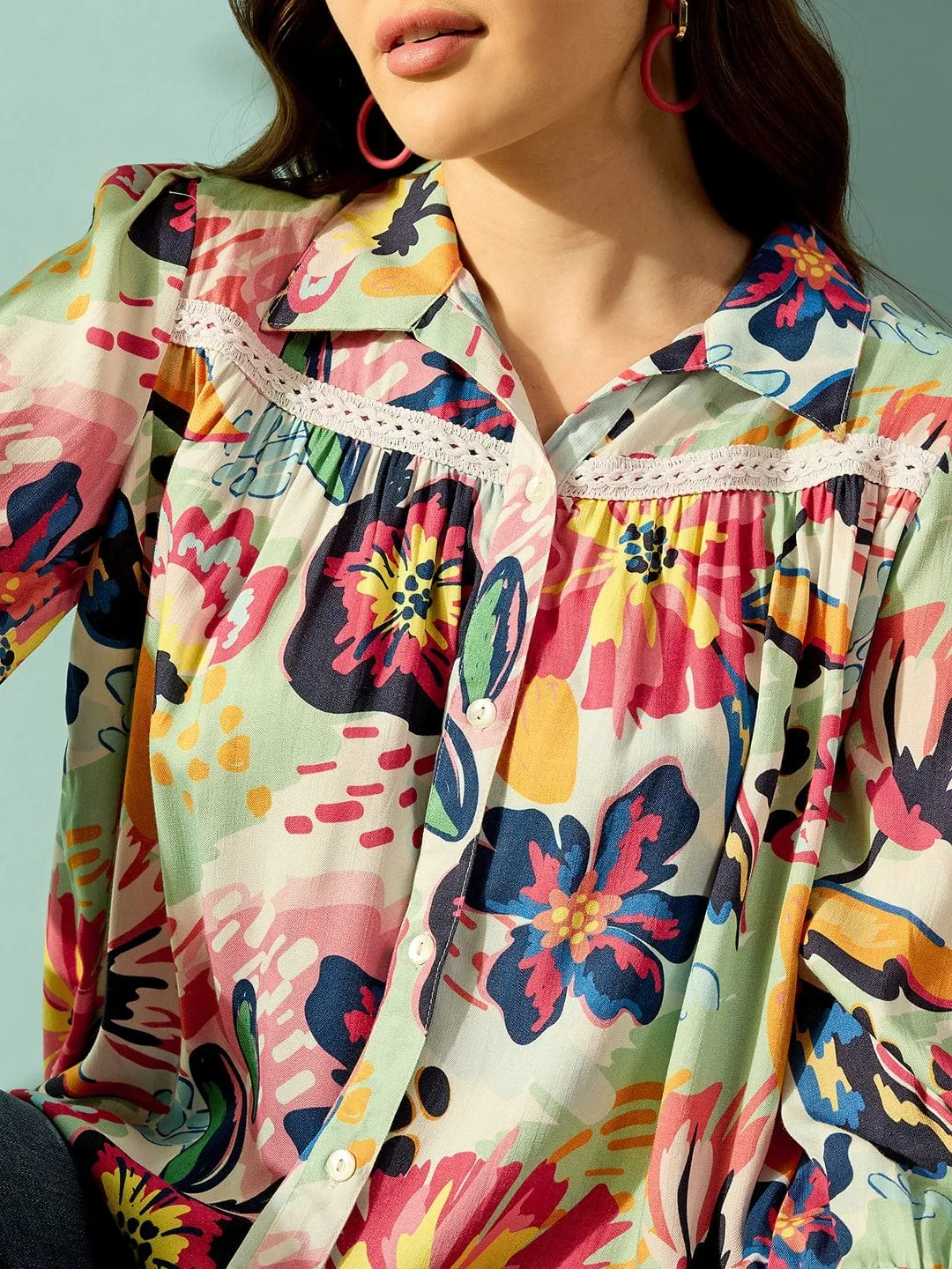 Serene Blue Floral Laced Button Down Shirt